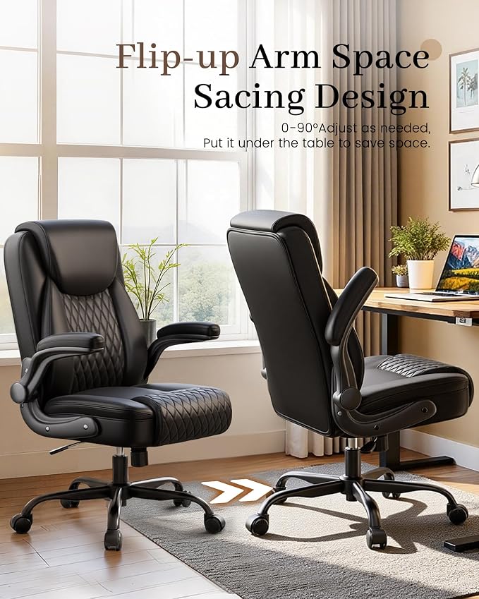 COMHOMA Mid-Back Office Chair, Ergonomic PU Desk Chair with Flip up Arms, Small Computer Gaming with Comfy Lumbar Support,Rocking Function,Sturdy Metal Base, Ink Black