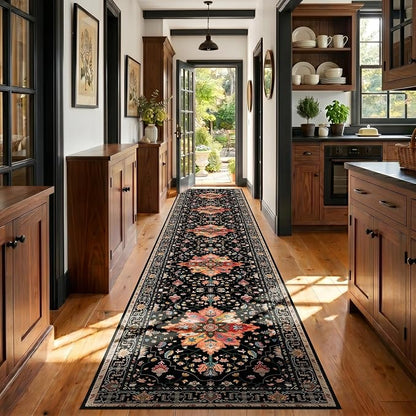 RELEANY Area Rugs Runner 3'x20' Washable Non-Slip, Floral Vintage Distress Medallion Carpet for Kitchen Hallway Bedroom Beside Laundry Room Bathroom, Black Colorful Floral Dark Tan