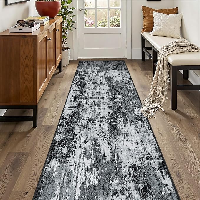 RELEANY Washable Area Rugs 2'x10' Non-Slip Modern Abstract Soft for Living Room Entryway Bedroom Kitchen, Print Pattern, Black Navy Blue Gray