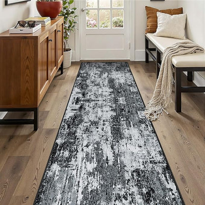 RELEANY Washable Area Rugs 2'x10' Non-Slip Modern Abstract Soft for Living Room Entryway Bedroom Kitchen, Print Pattern, Black Navy Blue Gray