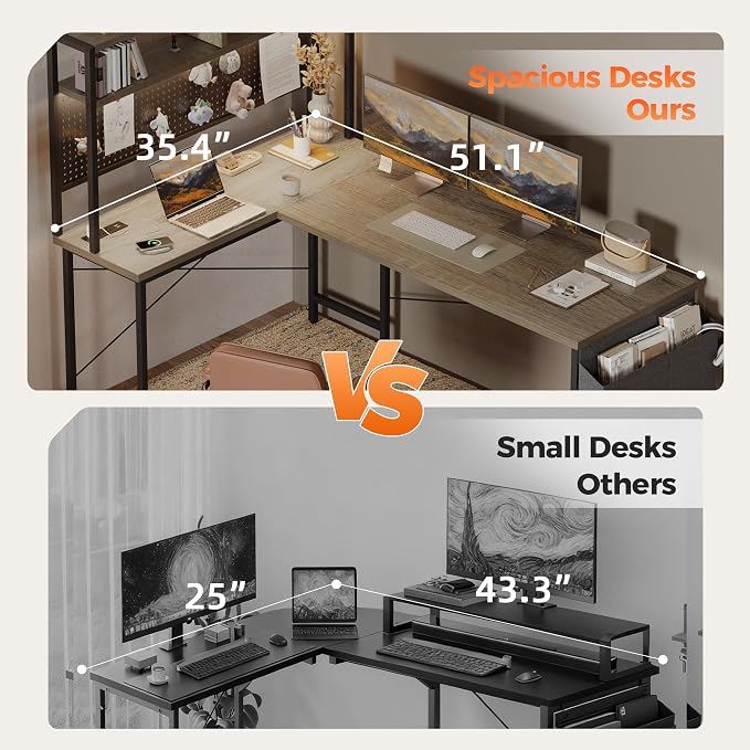 Mericonia 51 inch Large L Shaped Desk with Pegboard Hutch & Shelves, Corner Gaming Desk with Power Outlet, LED Light & Storage Bag, Reversible Computer Desk for Home, Bedroom, Office Workspace, Grey