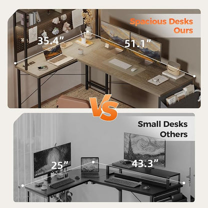 Mericonia 51 inch Large L Shaped Desk with Pegboard Hutch & Shelves, Corner Gaming Desk with Power Outlet, LED Light & Storage Bag, Reversible Computer Desk for Home, Bedroom, Office Workspace, Grey