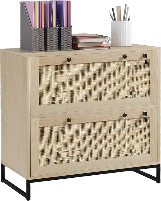 Vinsetto 2 Rattan Drawer File Cabinet with Lock, Lateral Filing Cabinet with Adjustable Hanging Bar for Letter, A4 and Legal Size Files, Printer Stand for Home Office, Natural