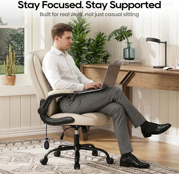 MALOL Leather Office Chair, Computer Desk Chair with Adjustable Lumbar Support, Thick Cushion, Flip-Up Arms and Ergonomic Back, Comfy Executive Office Chair for Home Office Gaming,Beige