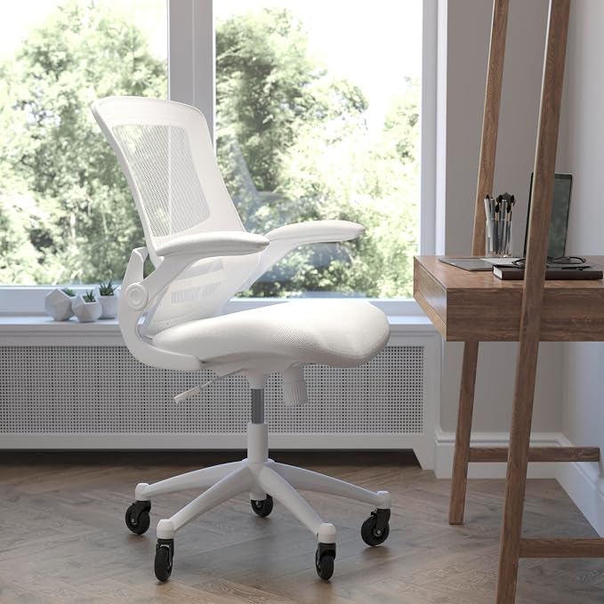 Flash Furniture Kelista Mid-Back White Mesh Swivel Ergonomic Task Office Chair with White Frame, Flip-Up Arms, and Transparent Roller Wheels