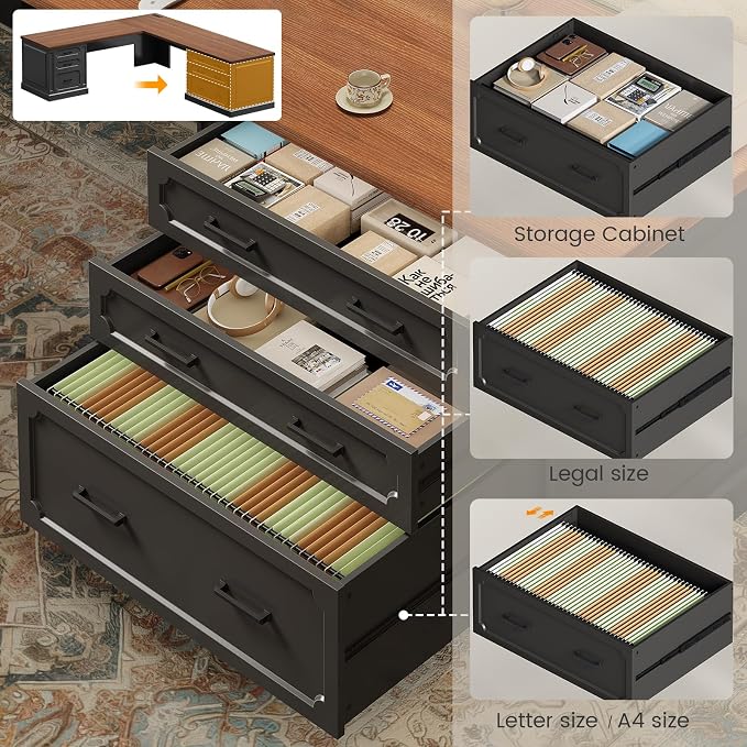 SEDETA Farmhouse 78.8" L Shaped Desk with 6 Drawers, Home Office Desk with Power Outlet, File Cabinet Storage, Wood Corner Computer Desk for Work and Study, Black+Brown