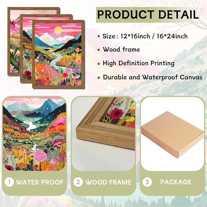 Boho Colorful Mountain Wall Art Set of 3, Abstract Watercolor Landscape Flower Wall Decor Paintings, Modern Nature Sunset Forest Posters Prints for Living Room, Bedroom 12x16 Inch Wood Framed