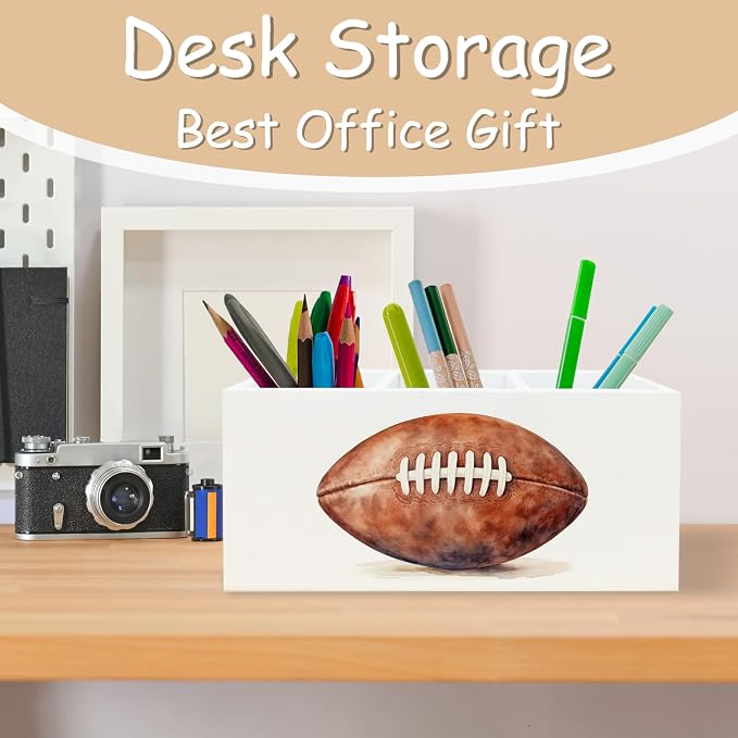 American Football Pen Pencil Holder Organizer for Desk, Gifts for Football Fan Lovers Players Wooden Box Block Sign for Home Office Tabletop Decor