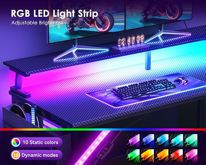 ODK 66 Inch Gaming Desk with USB Charging Ports and LED Lights, Reversible L Shaped Computer Desk with Storage Shelves & Monitor Stand, Corner Gamer Desk Table with Power Outlets, Carbon Fiber Black