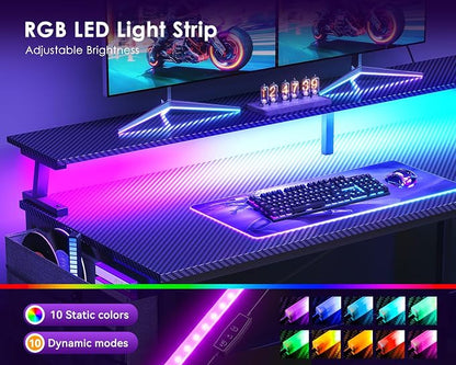ODK 66 Inch Gaming Desk with USB Charging Ports and LED Lights, Reversible L Shaped Computer Desk with Storage Shelves & Monitor Stand, Corner Gamer Desk Table with Power Outlets, Carbon Fiber Black