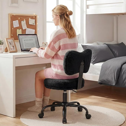 Homkdom Vanity Chair with Wheels, Cute Desk Chair with Bow Backrest, Fluffy Faux Rabbit Fur Small Office Chair for Vanity, Make-up Room, Bedroom, Dorm, Height Adjustable, Black