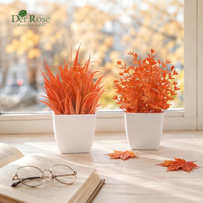 Der Rose 2 Pack Fake Plants Maple Red Artificial Plants for Fall Decor | Autumn faux plants for bathroom kitchen home office desk decor and fall displays, no maintenance needed
