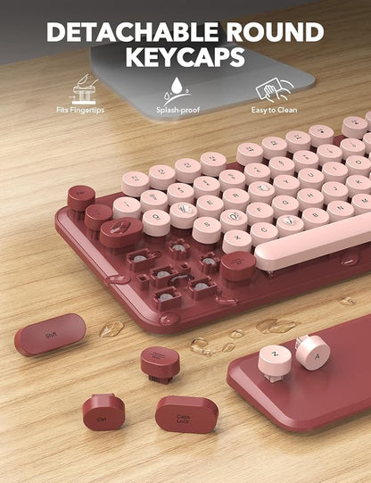 Wireless Keyboard and Mouse Combo - Cute Typewriter Keyboard with Detachable Wrist Rest, Retro Round Keycaps, Foldable Legs, 2.4GHz Full-Size Keyboard for PC, Laptop, Windows - Trueque (Wine Red)