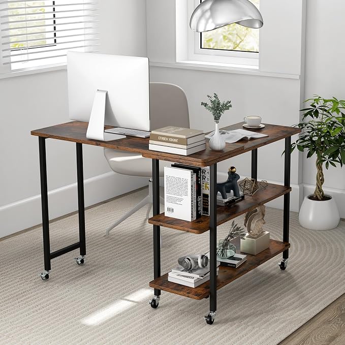 GOFLAME 360° Rotating Sofa Side Table, Mobile Couch Side End Table with 2-Tier Shelves, Swivel Rolling Desk w/Metal Frame, 6 Casters, Movable Laptop Table for Home Office, Patented, Rustic Brown