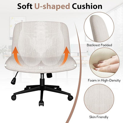 SUNLEI Cross Legged Office Chair, Armless Wide Chair's for Vanity Desk, Criss Cross Comfy Chairs with Back, Desk Chair/s of Height Adjustable Swivel, White