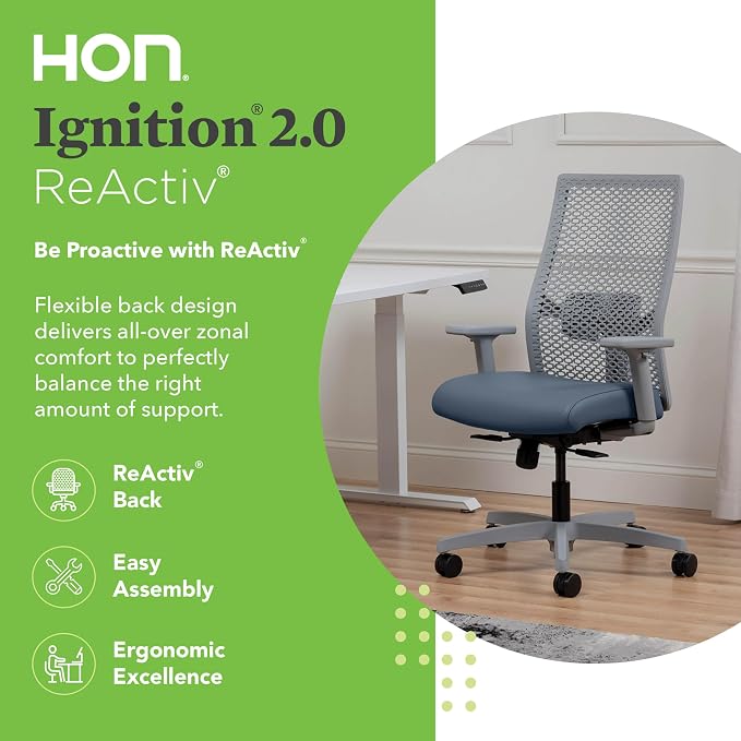 HON Ignition 2.0 ReActiv Ergonomic Office Chair, Mesh Desk Chair with Lumbar Support, Synchro‑Tilt Recline, Height and Width Adjustable Arms, Swivel Wheels, Titanium Frame, Ocean