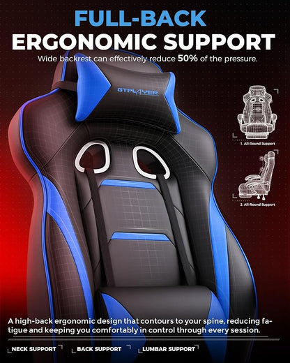 GTPLAYER Gaming Chair with Footrest, Big and Tall Game Chair 350lb Racing Style Computer Chair, Ergonomic Executive Office Chair High Back with Lumbar Support and Recliner, Blue
