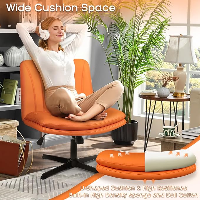 PUKAMI Criss Cross Chair,Comfy Cross Legged Office Desk Chair No Wheels,Modern Fabric Swivel Adjustable Height Mid Back Wide Seat for Home Office Computer (Pu Hermes Orange)