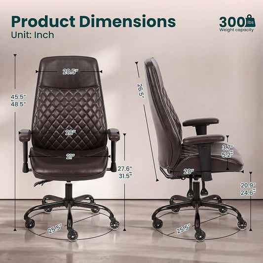 NEO CHAIR Ergonomic Leather Office Desk Chair with Adjustable Height Armrests High Back Lumbar Support Swivel Executive Computer Chair with Wheels Comfy Home Office Chair for Adults (Dark Brown)