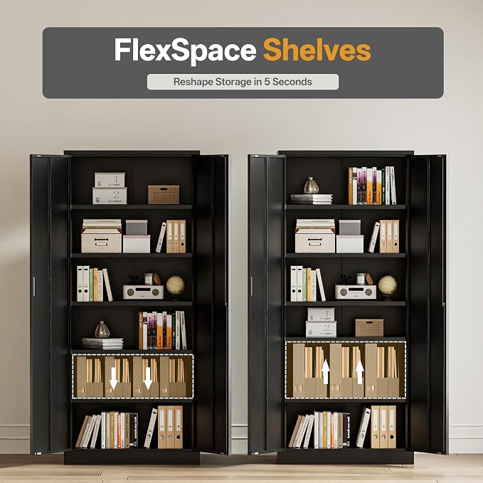 Metal Garage Storage Cabinets,71” Tall Metal Storage Cabinet with Lock and 5 Adjustable Shelves, Locking Cabinets for Office, Home, Garage, Warehouse 71" H x 32" W x 16" D (Black)