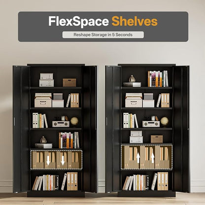 Metal Garage Storage Cabinets,71” Tall Metal Storage Cabinet with Lock and 5 Adjustable Shelves, Locking Cabinets for Office, Home, Garage, Warehouse 71" H x 32" W x 16" D (Black)