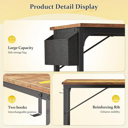 DurayLoly 32" Computer Desk with Waterproof LED Lights,Bedroom Study Desk for Teens,Dorm Room Essentials,Headphone Hook&Storage Bag for Small Spaces,Sturdy Metal Frame,Rustic Brown
