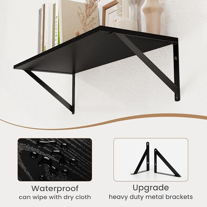 Heimlove Black Deep Floating Shelves for Wall, 24W x 8D Wood Wall Shelves Set of 2, Wide Floating Bookshelf for Living Room, Kitchen, Office, Bedroom and Decor Storage, with Metal Bracket - Black