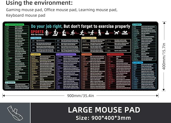 Rinaze Large Mouse Pad With Excel Shortcuts Cheat Sheet, Excel Tips Desk Mat, XXL Gaming Mousepad Keyboard Pad, Office Accessories for Computer, Mac, PC and Laptop