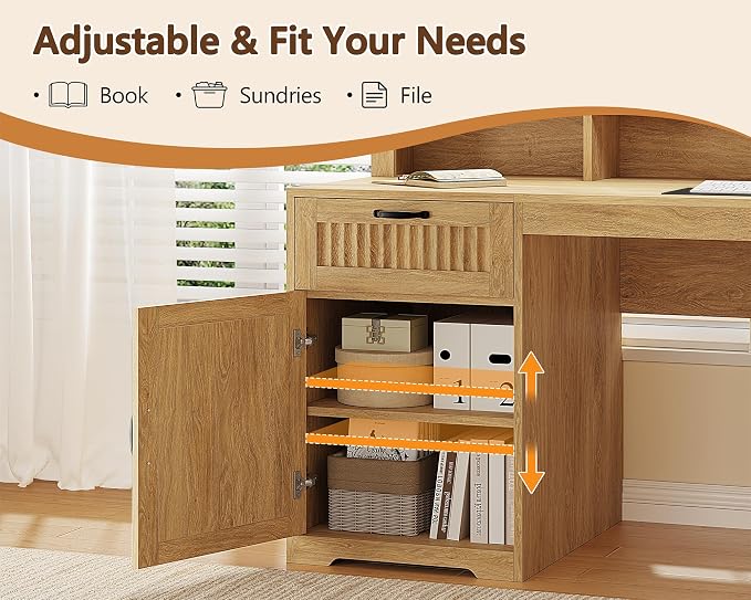 YOMILUVE 63" L Shaped Desk with Drawers, Farmhouse Corner Computer Desk with Power Outlets, Storage Cabinet, Home Office Executive Desk with Long Monitor Stand, Oak