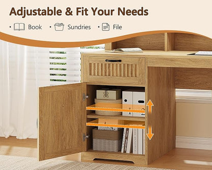 YOMILUVE 63" L Shaped Desk with Drawers, Farmhouse Corner Computer Desk with Power Outlets, Storage Cabinet, Home Office Executive Desk with Long Monitor Stand, Oak