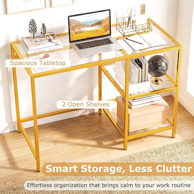 GOFLAME Computer Desk with Shelves, 42” Home Office Desk with Metal Frame, Tempered Glass Study Writing Table, Modern Simple PC Desk for Living Room Bedroom (Golden)