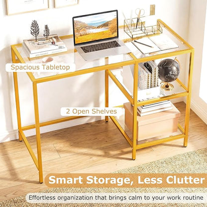 GOFLAME Computer Desk with Shelves, 42” Home Office Desk with Metal Frame, Tempered Glass Study Writing Table, Modern Simple PC Desk for Living Room Bedroom (Golden)