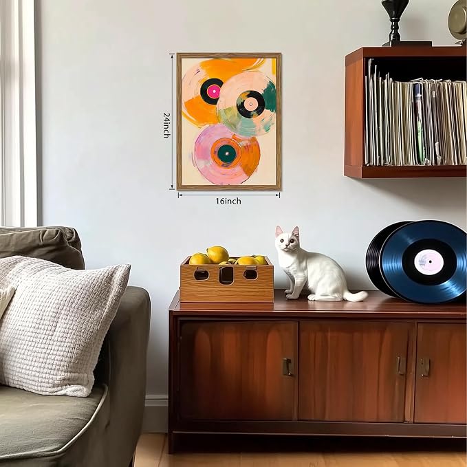 Vintage Vinyl Record Wall Art - Framed Canvas Music Decor for Living Room & Studio, Colorful Abstract Oil Painting in Wood Frame, Retro Record Player Print for Bedroom 16x24 inch