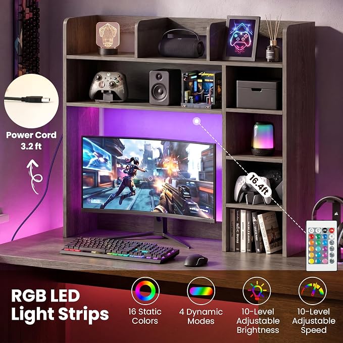 LDAILY Desktop Bookshelf with LED Lights, 35.5’’ Wooden Desk Shelf with 8 Cubes & 3 Adjustable Storage Shelves, 5-Tier Desk Hutch for Dorm College Office Computer Monitor Up to 25’’(Grey Oak)