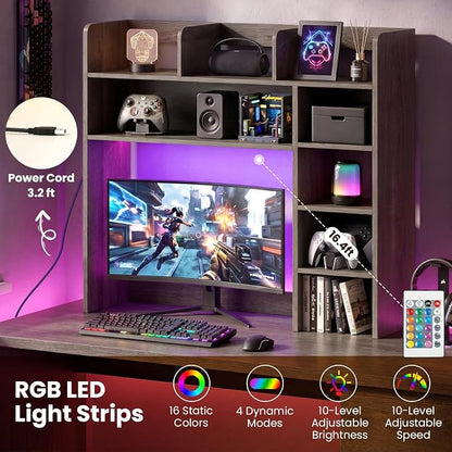LDAILY Desktop Bookshelf with LED Lights, 35.5’’ Wooden Desk Shelf with 8 Cubes & 3 Adjustable Storage Shelves, 5-Tier Desk Hutch for Dorm College Office Computer Monitor Up to 25’’(Grey Oak)
