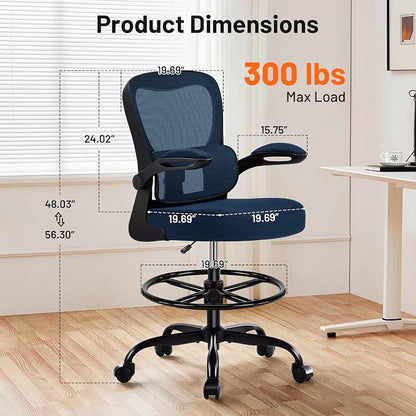 AreShark Drafting Office Chair - Ergonomic Tall Office Chair with Adjustable Footrest Ring - Counter Height Adjustable Rolling Standing Desk Chair with Lumbar Support and Flip-up Armrests for Home