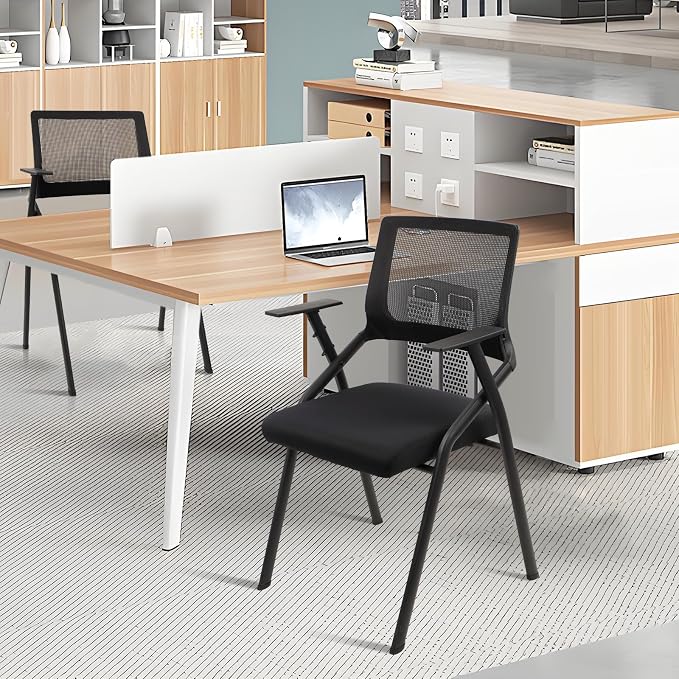 CLATINA Stackable & Foldable Office Chairs with Ergonomic Lumbar Support and Thickened Seat Cushion, Folding Mesh Fabric Reception Guest Chair for School Church Conference Waiting Room Black (2pk)
