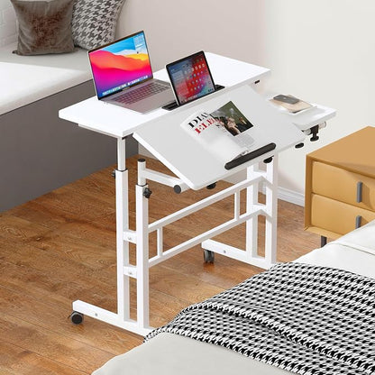 Mobile Laptop Sit-Stand Desk, soges Height Adjustable Standing Tiltable Top Desk, 31.5 inch Stand Up Computer Desk for Home Office, Small Rolling Desk for Small Space, White