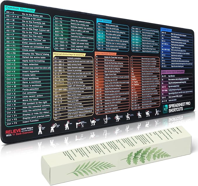 Excel Cheat Sheet Desk Pad, Large Mouse Pad with Shortcuts & Formulas for Windows PC, Non-Slip Stitched Office Keyboard Mat, Carbon Black, 35.5 x 15.8 in,3mm Thick
