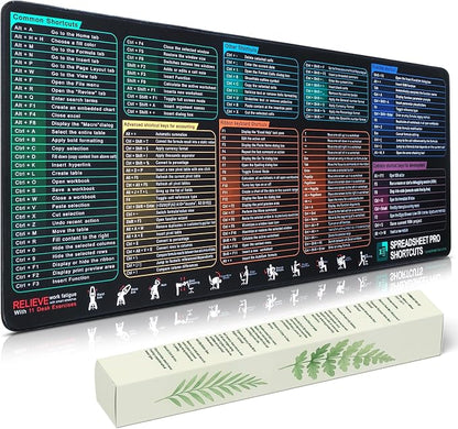 Excel Cheat Sheet Desk Pad, Large Mouse Pad with Shortcuts & Formulas for Windows PC, Non-Slip Stitched Office Keyboard Mat, Carbon Black, 35.5 x 15.8 in,3mm Thick