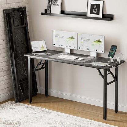 Frylr Small Folding Computer Desk – 55.1 Inch Portable Table for Craft and Study, Lightweight Desk for Small Spaces, Foldable Laptop Table Built-in AC/USB Outlets for Convenience, Marble Greige