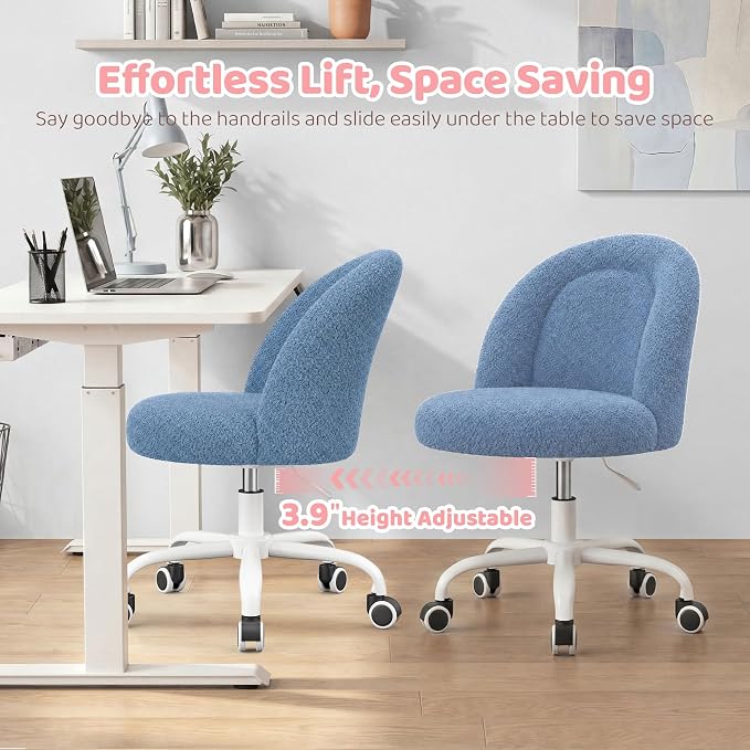 DurayLoly Cute Vanity Chair with Wheels, Ultra-Soft Teddy Fleece, Adjustable Height & 360° Swivel Compact Rolling Desk Chair for Bedroom, Vanity Table & Dorm Ink Blue