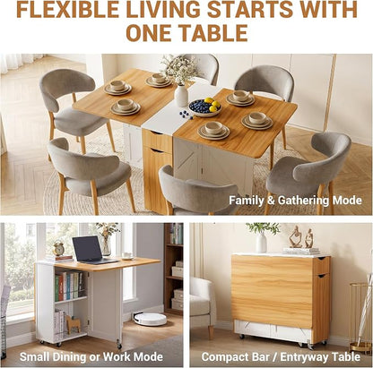 53“ Folding Dining Table Space Saving Foldable Dining Table with Drawer, Shelves and Wine Racks, Drop Leaf Table for Small Spaces, Extendable Folding Kitchen Table with Lockable Wheels