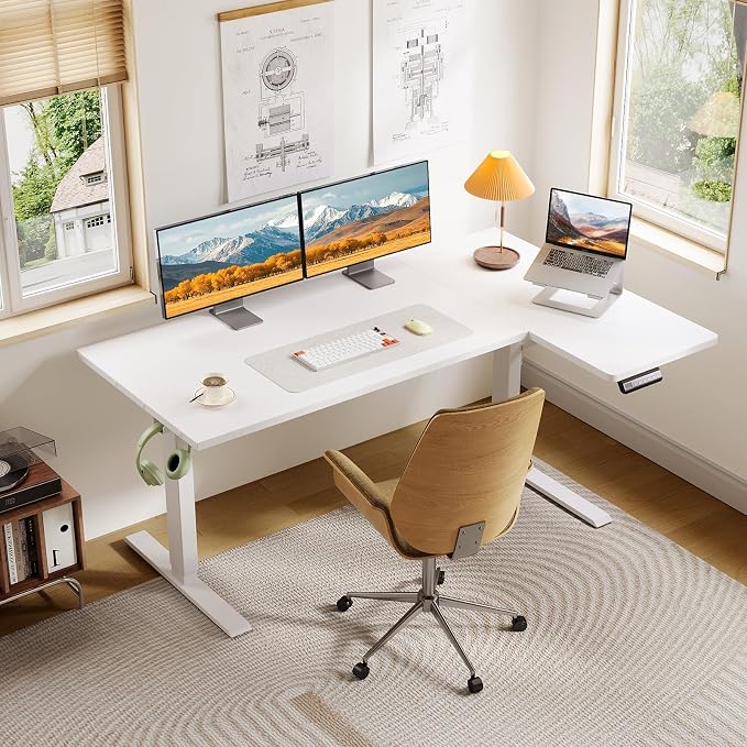 OffiGo Electric L Shaped Standing Desk, 55 Inches Height Adjustable Table, Reversible Corner Stand Up Desk, Lifting Computer Table for Home Office, Computer Workstation, White