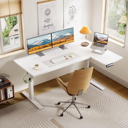 OffiGo Electric L Shaped Standing Desk, 55 Inches Height Adjustable Table, Reversible Corner Stand Up Desk, Lifting Computer Table for Home Office, Computer Workstation, White