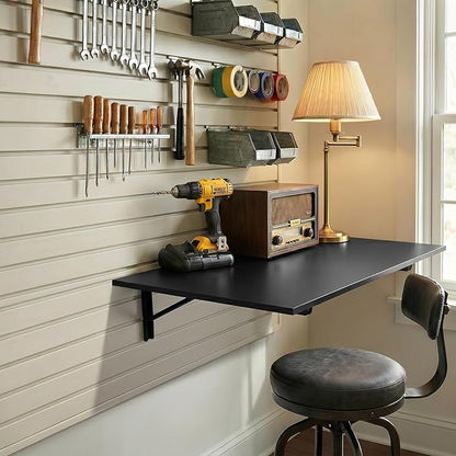 GOYLSER Wall Mounted Desk Folding Table Laundry Fold Table, Fold Down Work Bench, Foldable Mount Station for Floating Bar, Office, Dining Room, Kitchen, Black, 35" x 20.5"