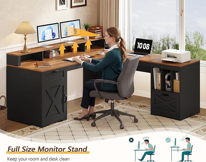 YOMILUVE Farmhouse 63" L Shaped Desk with Drawers and Storage Shelf, Home Office Desk with Power Outlets, Storage Cabinet, Corner Computer Desk with Long Monitor Stand, Brown and Black