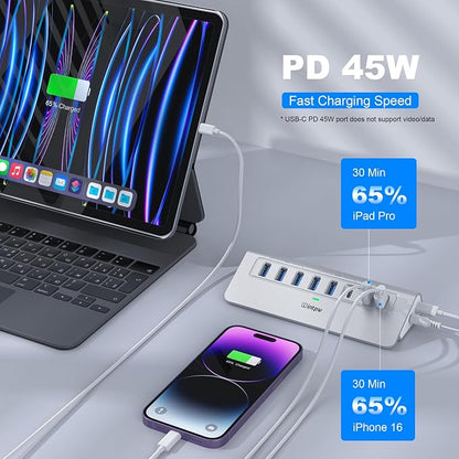 Powered USB Hub 10Gbps, Intpw YH6AC Plus 10-Port USB Hub 3.2 (USB A/USB C 3.2+3 USB-A 3.0+2 PD 45W Fast Charging Port+SD/TF Card Reader), 65W Power Adapter,Aluminum USB HUB for PC,Laptop,iPhone 17/16