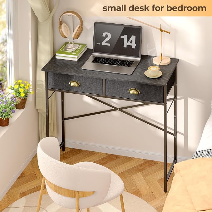 DAOUTIME Black Writing Desk for Kids Bedroom, 31.5 Inch Small Computer Desk for Small Spaces, Simple Desk with 2 Fabric Drawers for Home Office, Dorm, Living Room, Home Study Table, Black