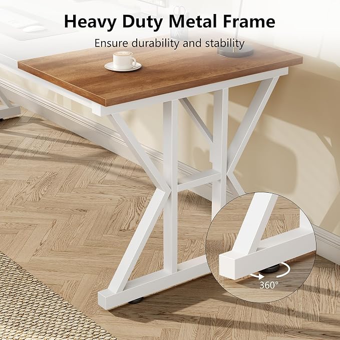 TVU Computer Desk, 55 inch Large Office Desk, Study Writing Table with Thicken Frame, Gaming Desk, Modern Simple Desk for Home Office, Brown/White